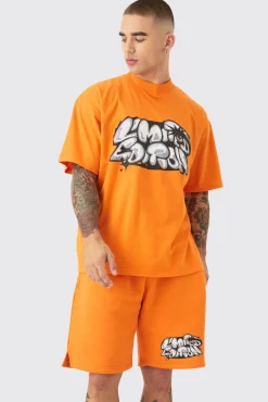 Oversized Extended Neck Graffiti T-shirt And Short Set | BoohooMAN UK