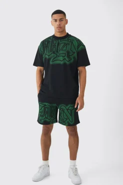 Oversized Extended Neck Gothic Man Graffiti Spray T-shirt And Shorts Set | BoohooMAN UK