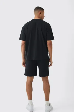 Oversized Extended Neck Gothic Man Graffiti Spray T-shirt And Shorts Set | BoohooMAN UK