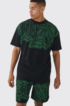 Oversized Extended Neck Gothic Man Graffiti Spray T-shirt And Shorts Set | BoohooMAN UK