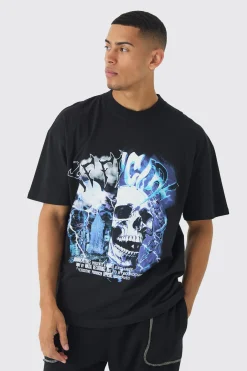 Oversized Extended Neck Gothic Print T-Shirt | BoohooMAN UK
