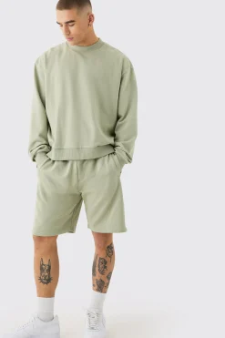 Oversized Extended Neck Heavyweight Sweatshirt Short Tracksuit | BoohooMAN UK