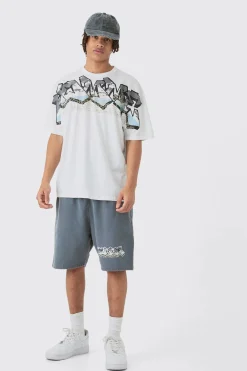 Oversized Extended Neck Homme Graffiti Large Graphic Shorts Set | BoohooMAN UK