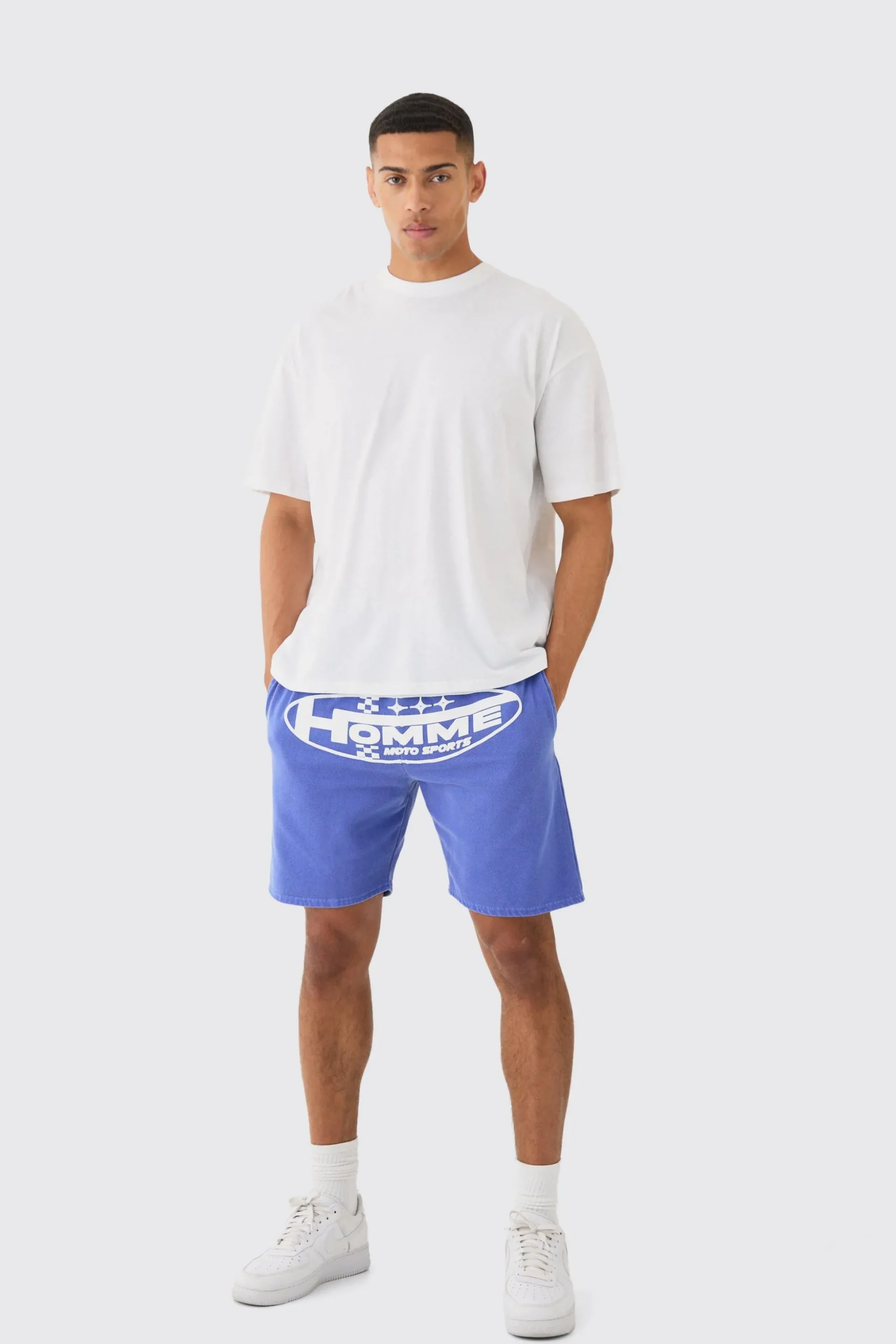Oversized Extended Neck Homme Moto Large Graphic Shorts Set | BoohooMAN UK