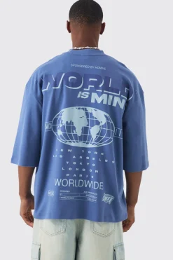 Oversized Extended Neck Heavy Interlock World Back Print T-shirt | BoohooMAN UK