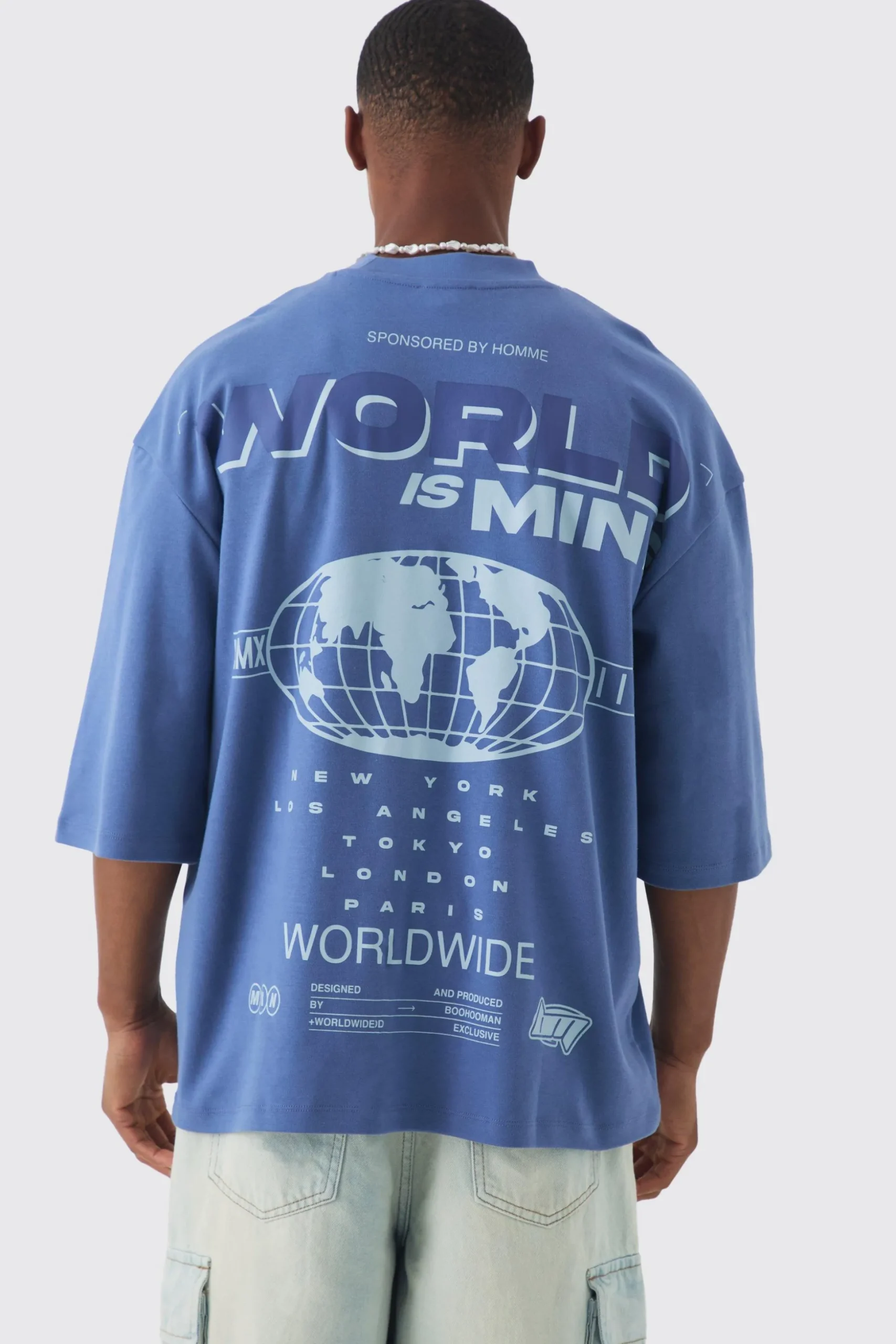 Oversized Extended Neck Heavy Interlock World Back Print T-shirt | BoohooMAN UK