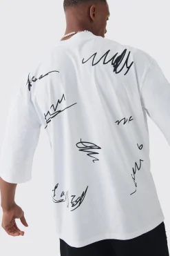 Oversized Extended Neck Heavyweight Interlock Doodle T-shirt | BoohooMAN UK