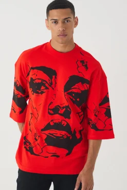Oversized Extended Neck Heavyweight Interlock Face Print T-shirt | BoohooMAN UK