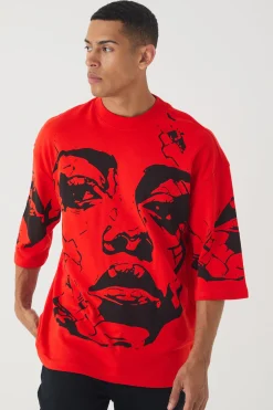Oversized Extended Neck Heavyweight Interlock Face Print T-shirt | BoohooMAN UK