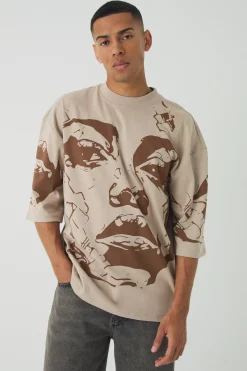 Oversized Extended Neck Heavyweight Interlock Face Print T-shirt | BoohooMAN UK