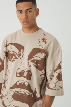 Oversized Extended Neck Heavyweight Interlock Face Print T-shirt | BoohooMAN UK
