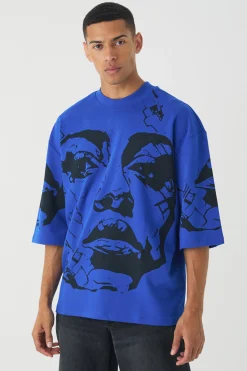 Oversized Extended Neck Heavyweight Interlock Face Print T-shirt | BoohooMAN UK