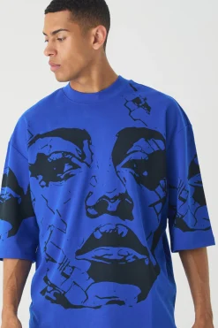 Oversized Extended Neck Heavyweight Interlock Face Print T-shirt | BoohooMAN UK