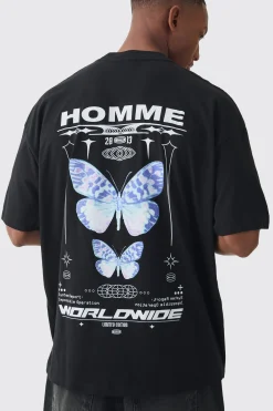 Oversized Extended Neck Homme Butterfly Print T-shirt | BoohooMAN UK