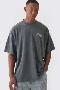 Oversized Extended Neck Homme Wash Print T-shirt | BoohooMAN UK
