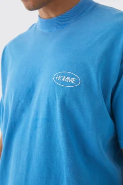 Oversized Extended Neck Homme Chest Embroidered T-Shirt | BoohooMAN UK
