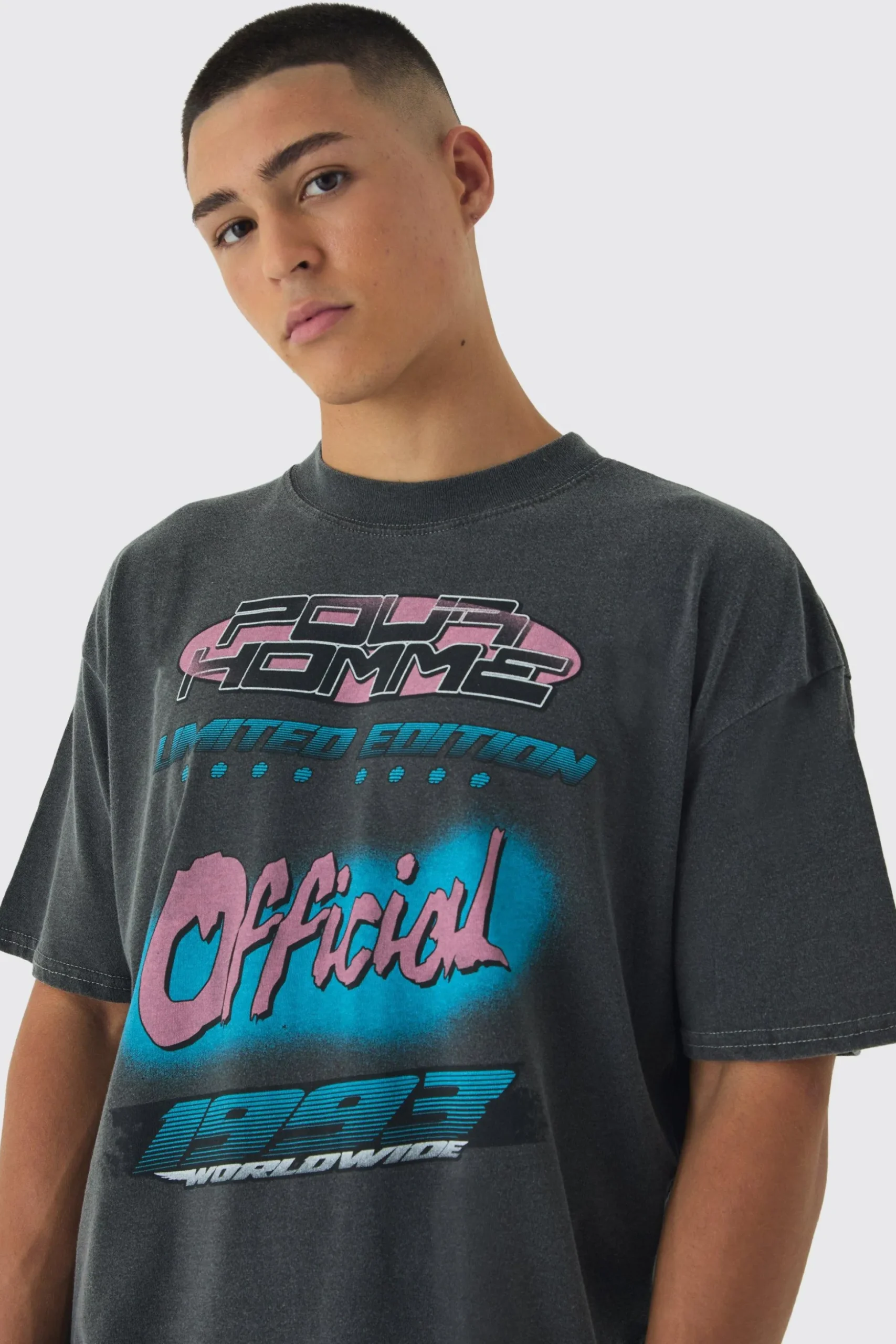 Oversized Extended Neck Homme Back Print T-Shirt | BoohooMAN UK