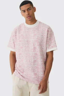 Oversized Extended Neck Jacquard Aztec Contrast Hems T-shirt | BoohooMAN UK