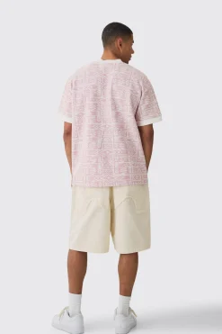 Oversized Extended Neck Jacquard Aztec Contrast Hems T-shirt | BoohooMAN UK