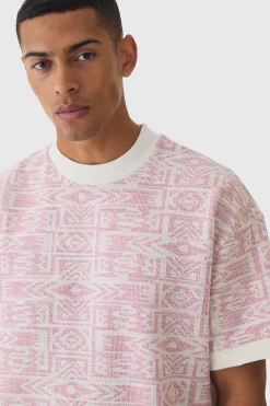 Oversized Extended Neck Jacquard Aztec Contrast Hems T-shirt | BoohooMAN UK