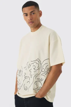 Oversized Extended Neck Jersey Twill Abstract Embroidery T-shirt | BoohooMAN UK