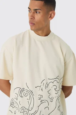 Oversized Extended Neck Jersey Twill Abstract Embroidery T-shirt | BoohooMAN UK