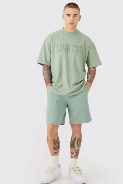 Oversized Extended Neck Limited Embossed T-shirt And Relaxed Short Set | BoohooMAN UK