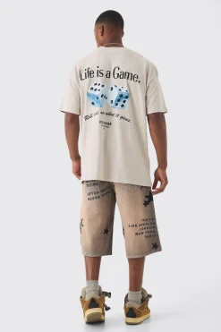 Oversized Extended Neck Life Is A Game Washed Slogan T-shirt | BoohooMAN UK