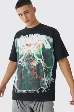 Oversized Extended Neck Large Scale Summoned Print Acid Wash T-Shirt | BoohooMAN UK