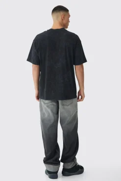 Oversized Extended Neck Large Scale Summoned Print Acid Wash T-Shirt | BoohooMAN UK