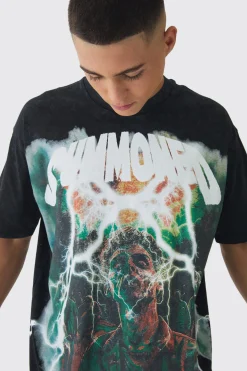 Oversized Extended Neck Large Scale Summoned Print Acid Wash T-Shirt | BoohooMAN UK