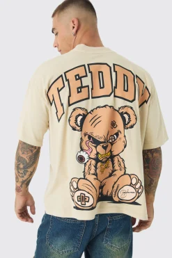 Oversized Extended Neck Large Scale Evil Teddy Print T-Shirt | BoohooMAN UK