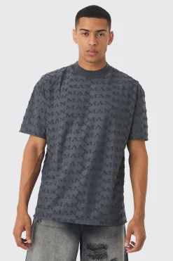 Oversized Extended Neck Man Towelling Jacquard T-shirt | BoohooMAN UK
