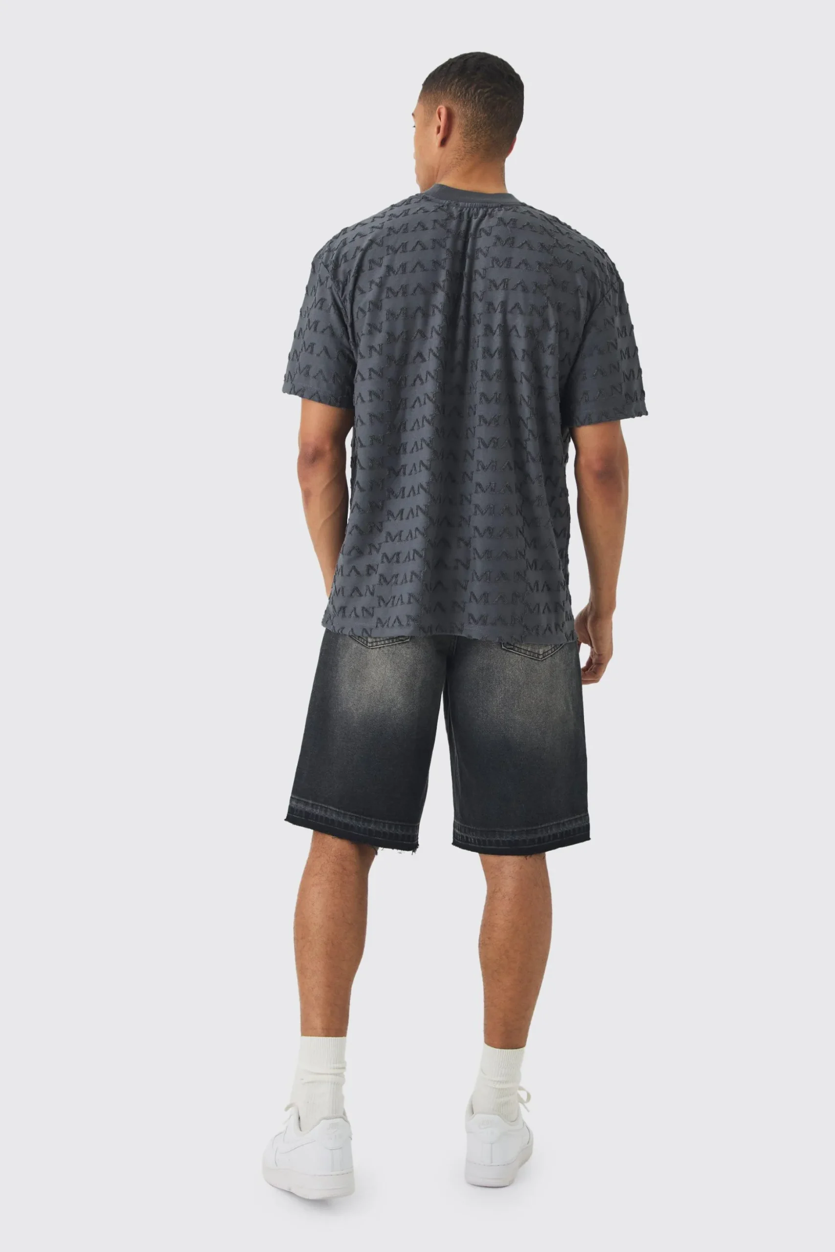 Oversized Extended Neck Man Towelling Jacquard T-shirt | BoohooMAN UK