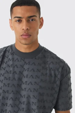 Oversized Extended Neck Man Towelling Jacquard T-shirt | BoohooMAN UK