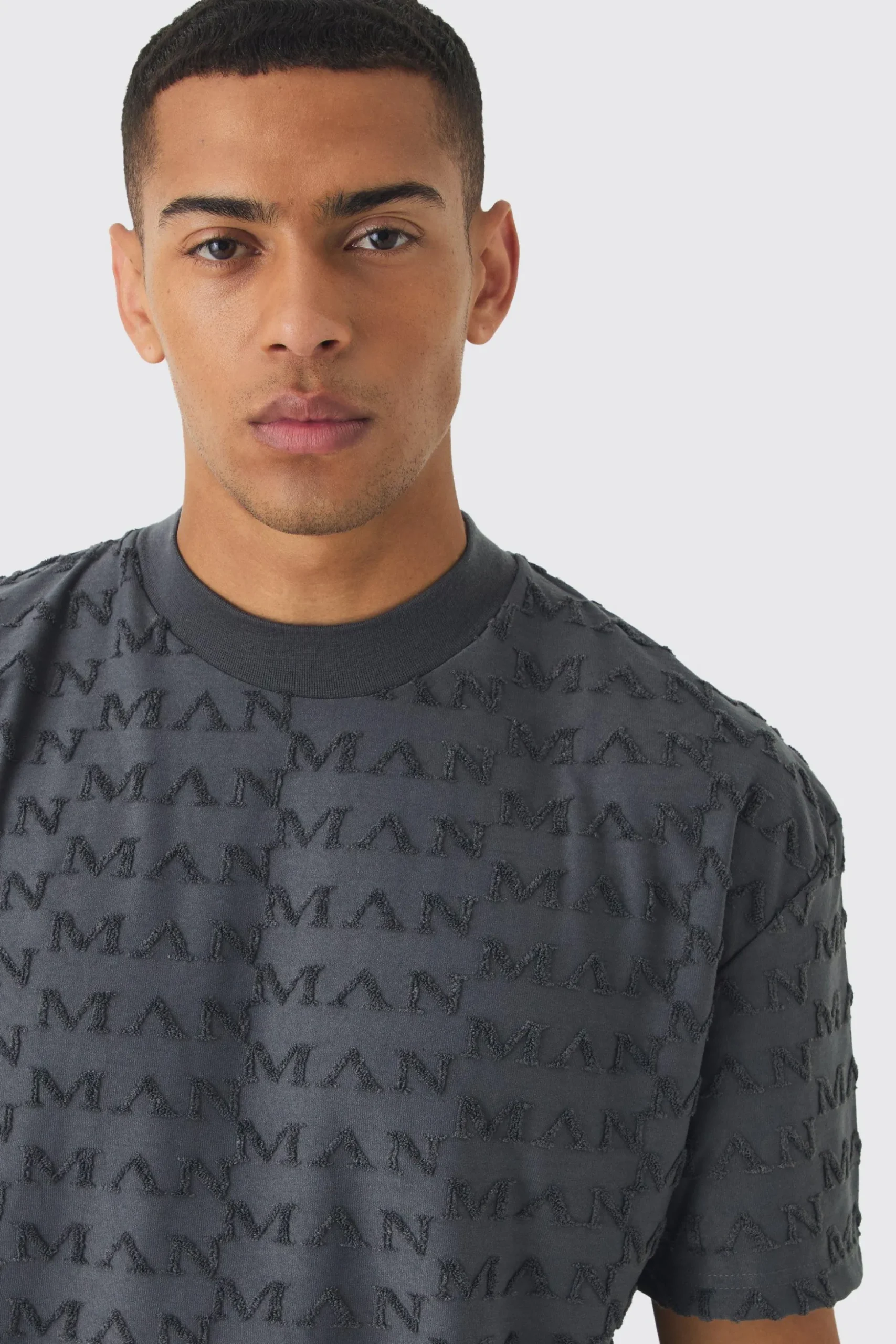 Oversized Extended Neck Man Towelling Jacquard T-shirt | BoohooMAN UK