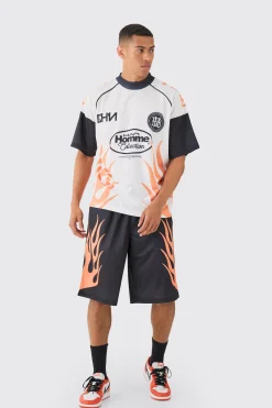 Oversized Extended Neck Mesh Flame T-shirt & Jorts Set | BoohooMAN UK