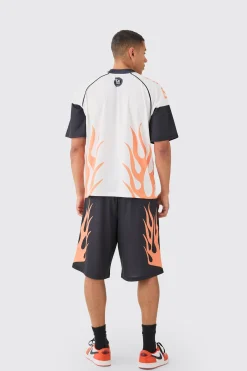 Oversized Extended Neck Mesh Flame T-shirt & Jorts Set | BoohooMAN UK