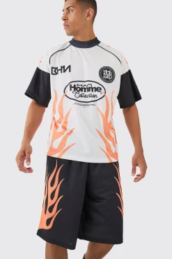Oversized Extended Neck Mesh Flame T-shirt & Jorts Set | BoohooMAN UK
