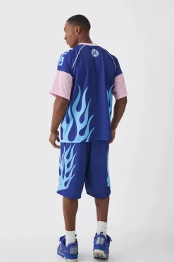 Oversized Extended Neck Mesh Flame T-shirt & Jort Set | BoohooMAN UK