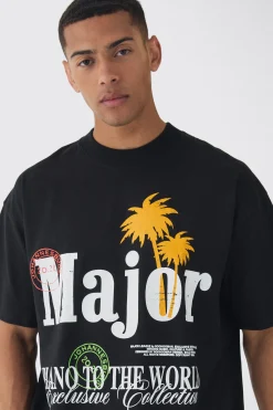 Oversized Extended Neck Major Printed T-Shirt | BoohooMAN UK