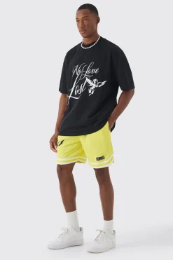 Oversized Extended Neck No Love T-shirt & Mesh Short Set | BoohooMAN UK