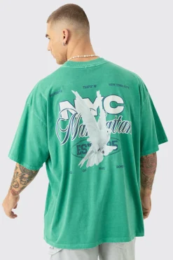 Oversized Extended Neck NYC Dove Back Print T-shirt | BoohooMAN UK
