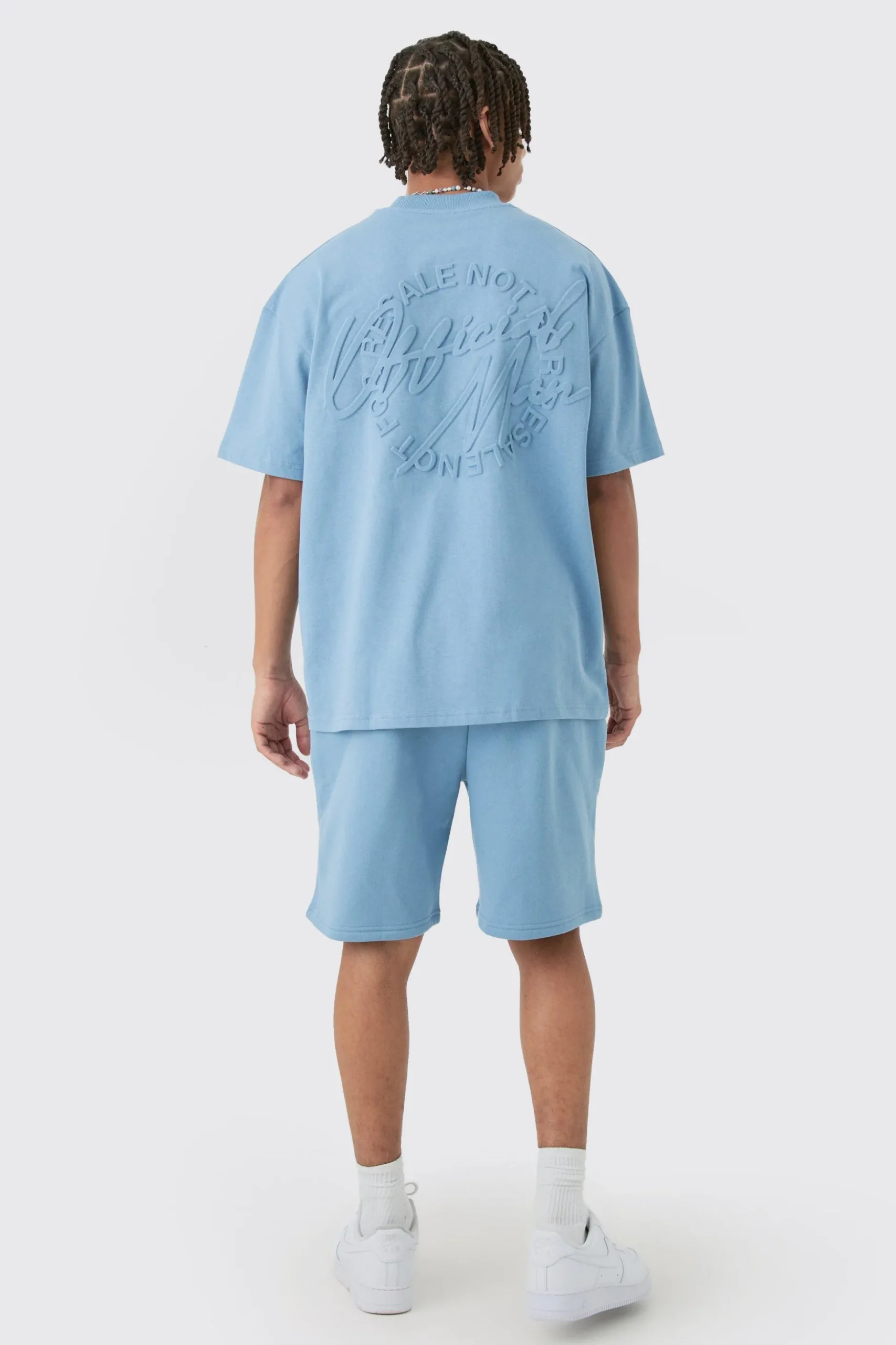 Oversized Extended Neck Official Man Embossed T-shirt & Short Set | BoohooMAN UK