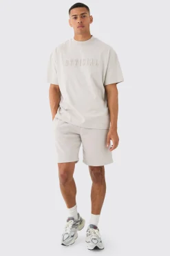Oversized Extended Neck Official Embossed T-shirt & Short Set | BoohooMAN UK