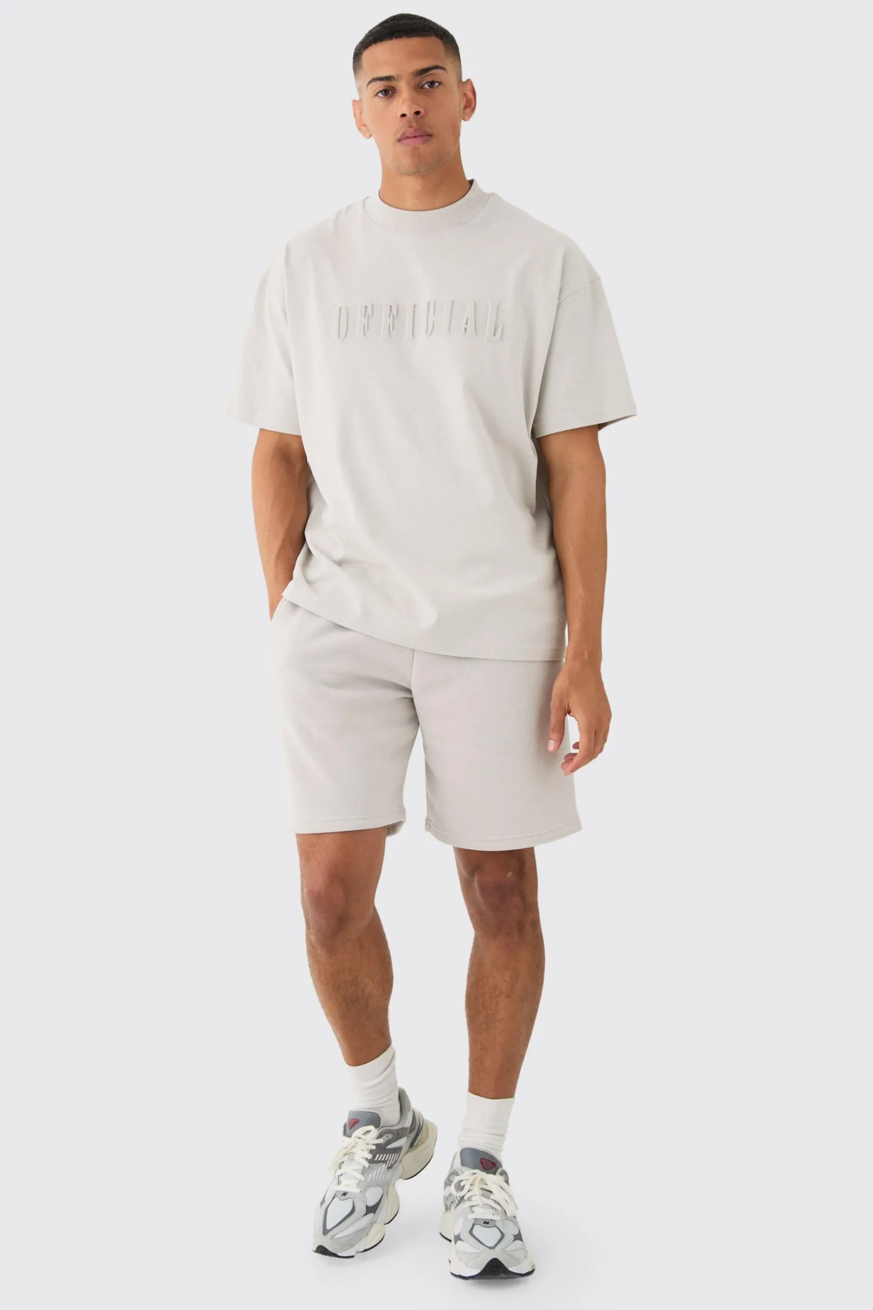 Oversized Extended Neck Official Embossed T-shirt & Short Set | BoohooMAN UK