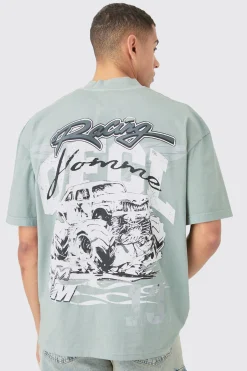 Oversized Extended Neck OFCL Racing Acid Wash T-shirt | BoohooMAN UK