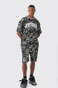 Oversized Extended Neck OFCL Concrete Print T-shirt & Short Set | BoohooMAN UK