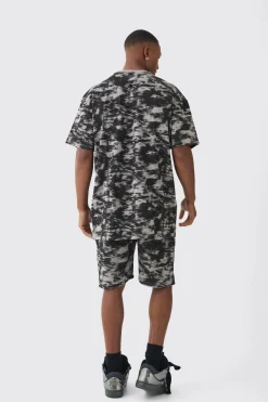 Oversized Extended Neck OFCL Concrete Print T-shirt & Short Set | BoohooMAN UK
