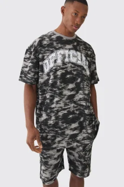 Oversized Extended Neck OFCL Concrete Print T-shirt & Short Set | BoohooMAN UK